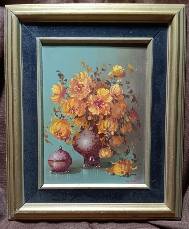 M.Varga signed floral and vase art on wood 9 1/2” by 11 1/2”