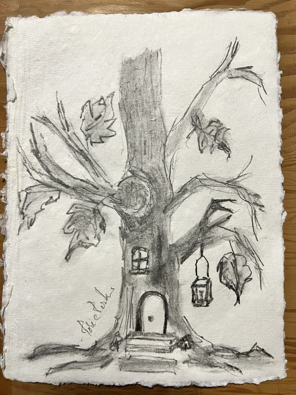 6" x 8" Original Graphite Abstract Fairy Tree Painting Deckle Edge Signed CA USA gallery