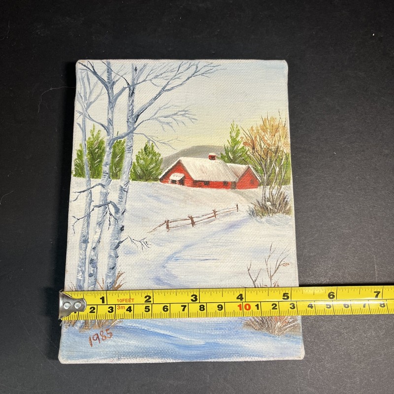Vintage folk art mini winter landscape oil painting country farm red barn Birch gallery