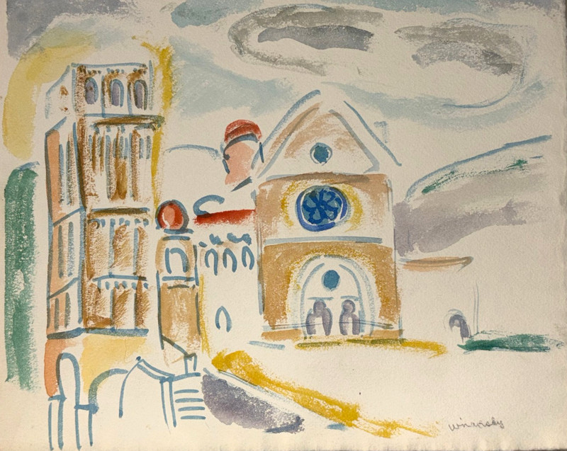 Church Buildings 7 7/8 x 9 7/8 Watercolor Painting-C. 1970s-Israel L. Winarsky