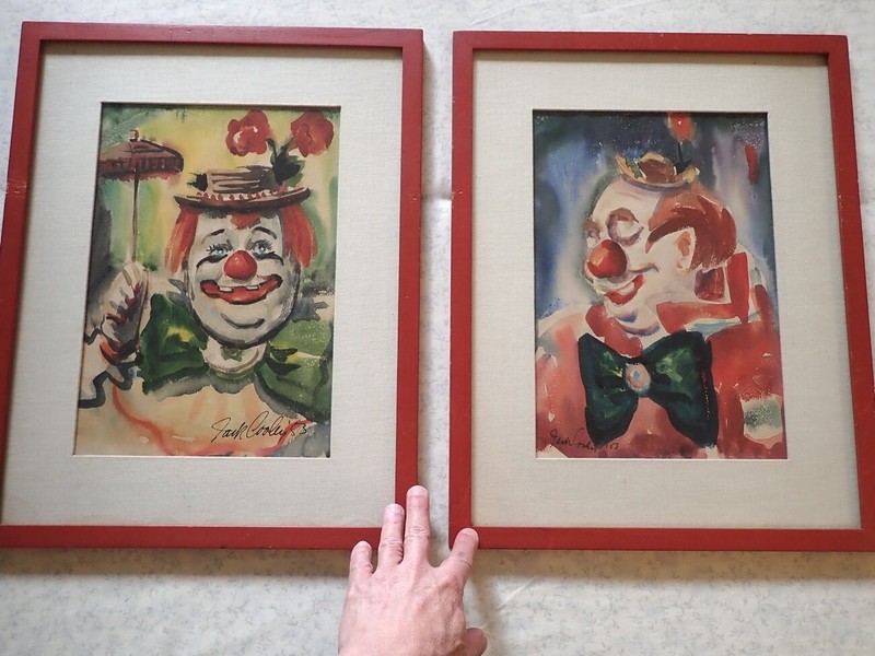 Pair JACK COOLEY Mardi Gras CLOWN PAINTINGS 1953 French Quarter NEW ORLEANS