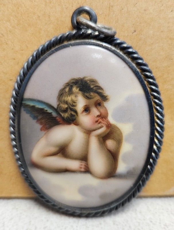 Antique Miniature Cherub ANGEL Porcelain Portrait Painting Silver Braided Brooch