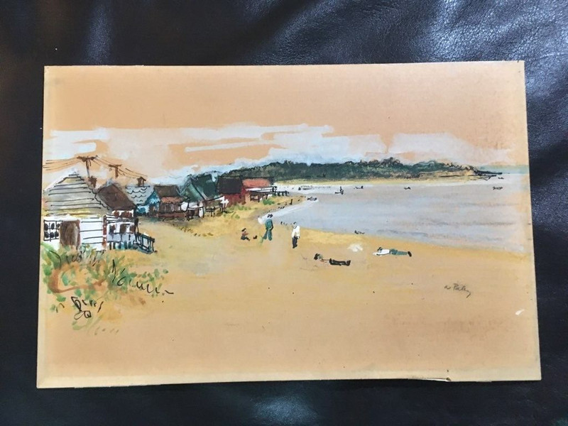 Vintage Signed Abstract Painting on Board of People on Beach near Homes