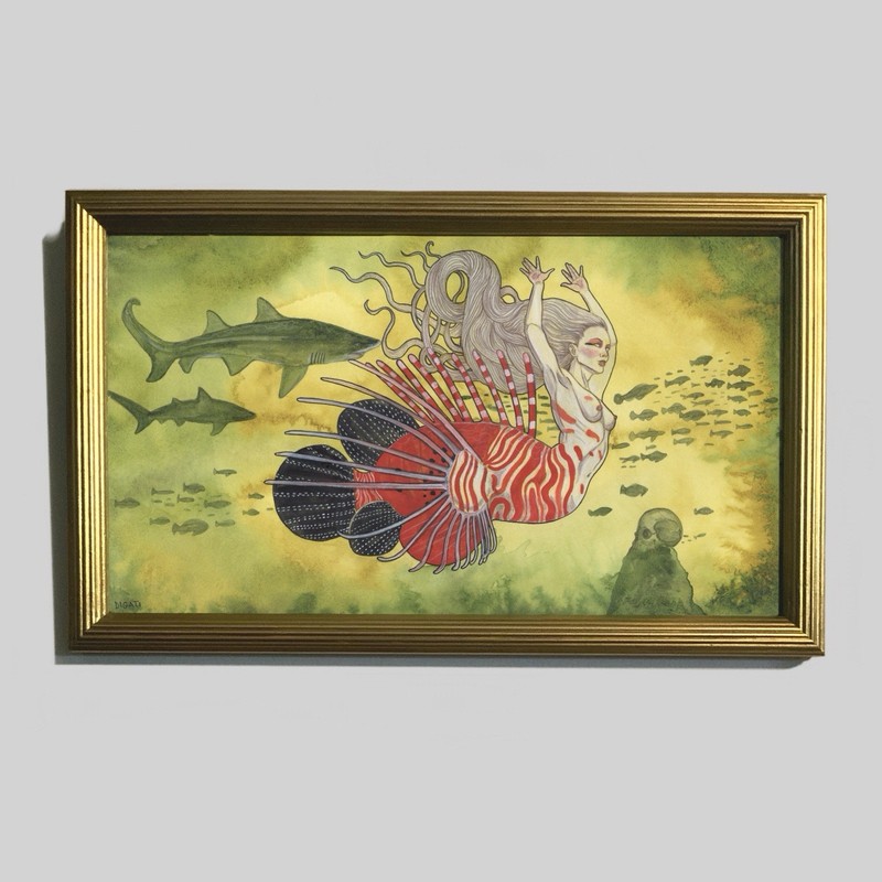 Original Fine Art Mermaid Sea Witch Sharks Sea Watercolor Painting 8x14 Framed gallery