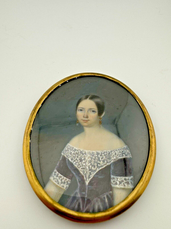 19th Century Miniature Portrait on Bone of a Lady Lace Dress Earrings