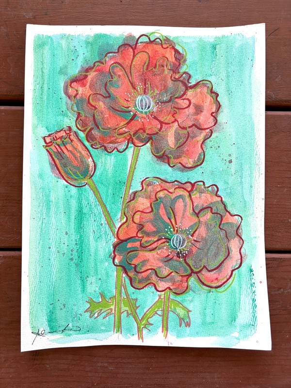 Original Reds and Teals 1 Painting By Alannah Dyer Acrylic 9x12 in Flowers Flora gallery