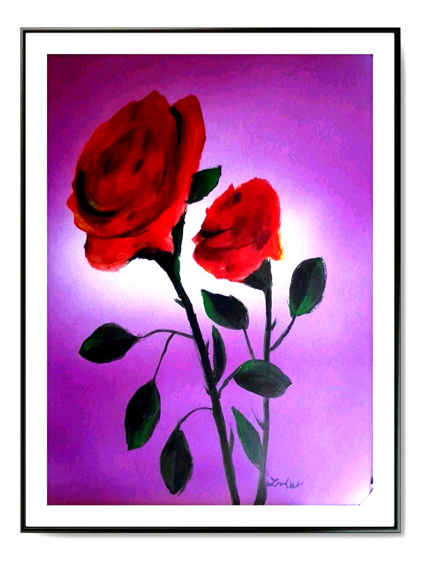 LOVELESS – TWO ROSES red impressionistic acrylic for living room 11 X 15 COA