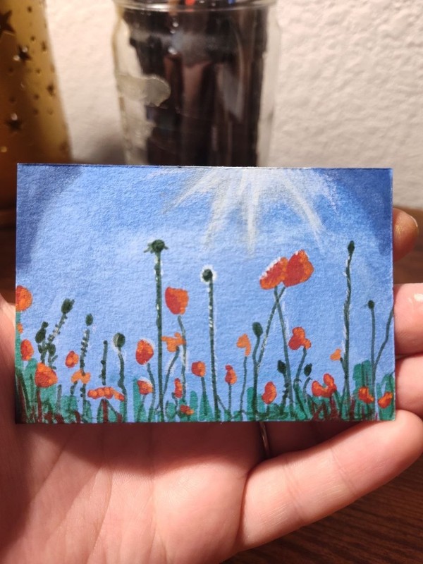 ACEO Original Flowers Mixed Media Painting Art Card «Poppies in the Sun»
