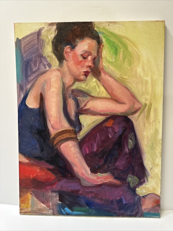 VINTAGE PAINTING PRETTY WOMAN FEMALE MODEL MYSTERY ARTIST 18 BY 24 INCHES OIL
