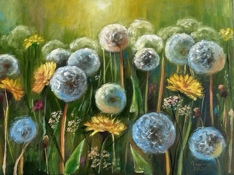 original oil painting, Dandelions 30×40 cm Flower Field Landscape Wildflowers