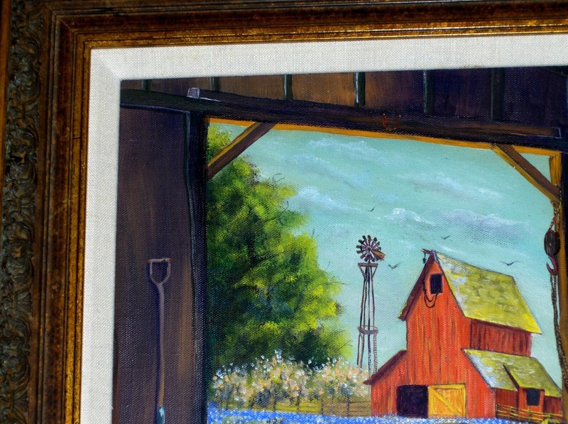Bluebonnets Blooming Tree Barns Barrel Tool Waterwheel Bird Sky oil cnv Painting