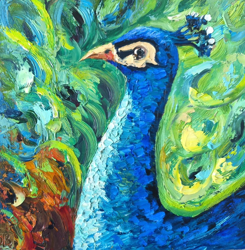 Peacock Original Oil Painting 8x8in Bird Artwork Colorful Impasto Art on Panel