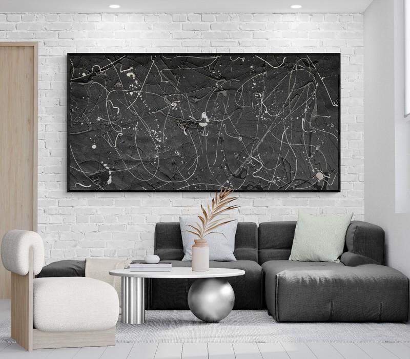 XXL Pollock Style Black Silver - Abstract Painting - Drip Canvas - 78x39 in gallery