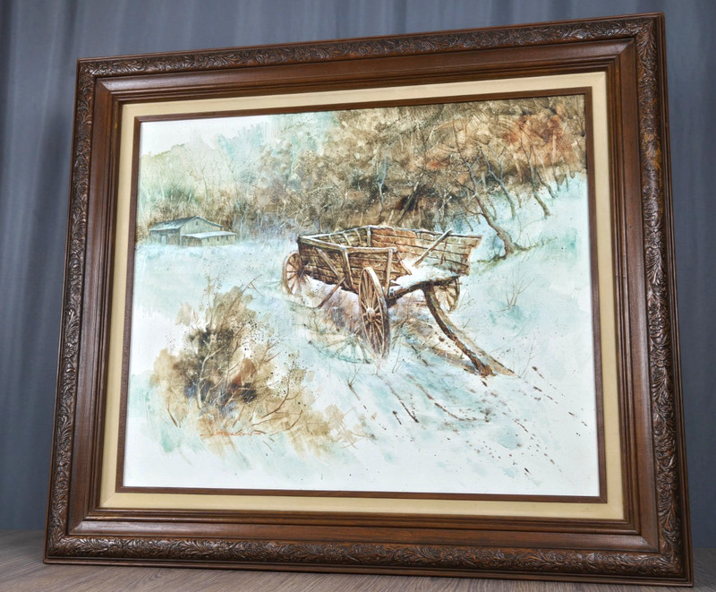 Jim Sloan original winter landscape oil painting on canvas, wagon, farm/barn gallery