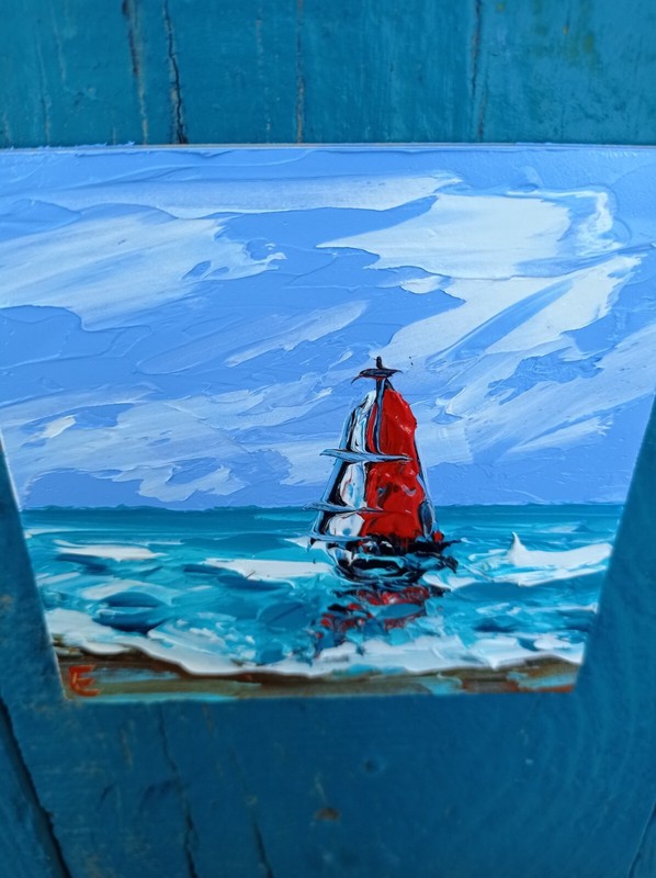Original Painting Island Art Tropical Sailboat at sunset Oil Art Seascape 4 x 4 gallery