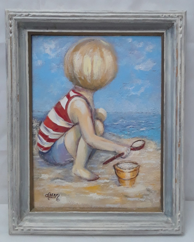 Boy Playing on Beach Acrylic Board by Leean 12 x 16 in Framed and Signed 4/8/06
