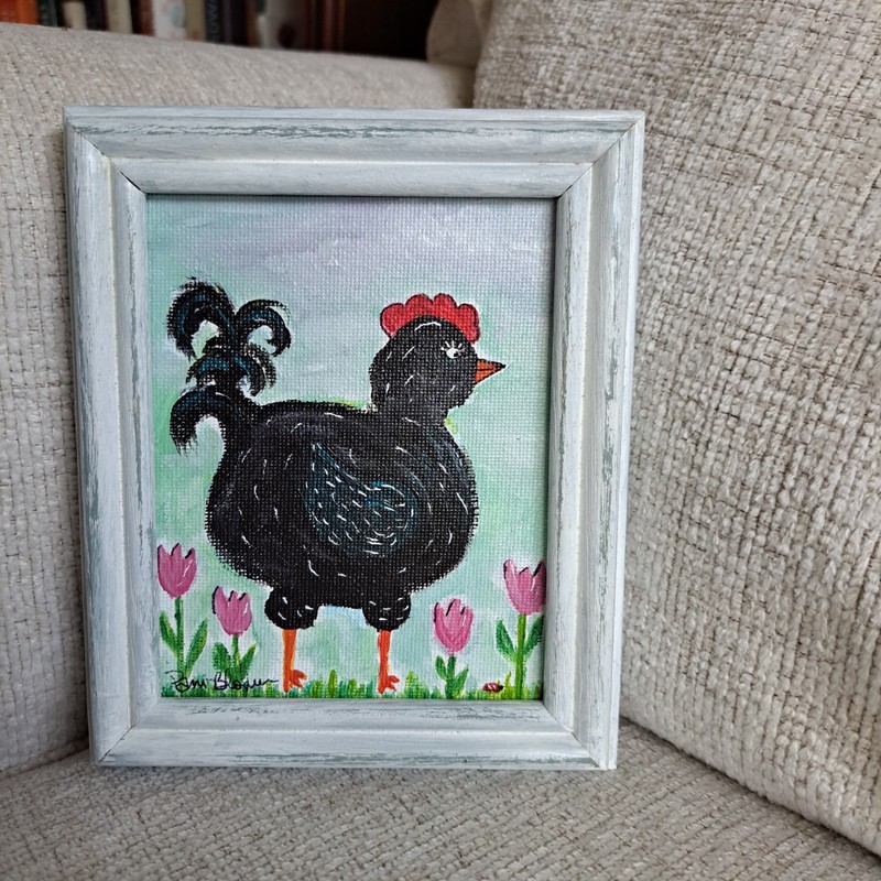 Whimsical Black Chicken In Pink Tulips Original Acrylic Painting 4×5 FRAMED