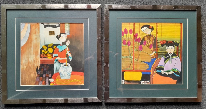 WU CHI YONG(1948)CHINESE MODERN 2 EXPRESSIONIST PAINTINGS "CHINESE YOUNG WOMEN"