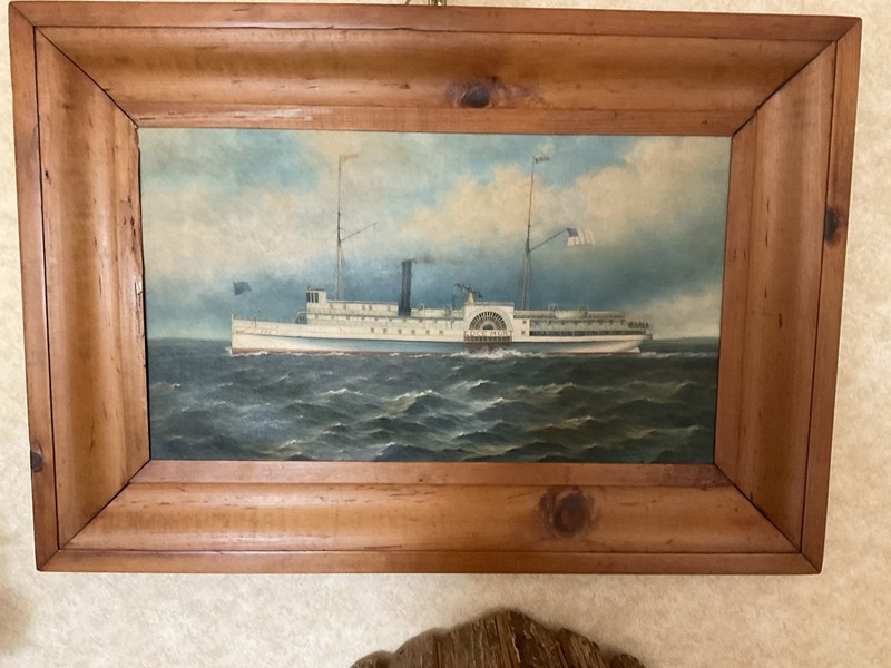 Maritime Steamboat Painting On Canvas. Antique Pine Frame 33” X 23 “