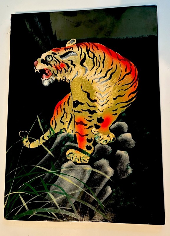 Vintage black Enamel Gold Leaf Asian Style Tiger painting 11”x16”