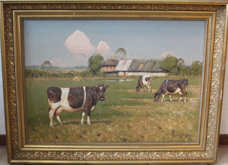 DECORATIVE DANISH PAINTING «COWS IN THE PASTURE» SIGNED!!! #12656