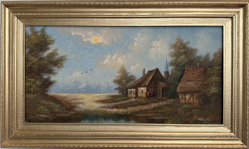 Vintage European Coastal Village Oil Painting Signed Dated 1961 Framed Landscape