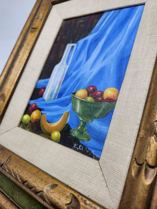 Framed Oil Painting Fruit Still Life E. Clark Fruit Bowl Jar Wood Frame gallery