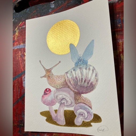 Original Mushroom Snail painting Gold accent art Artettina Whimsical Ladybug USA