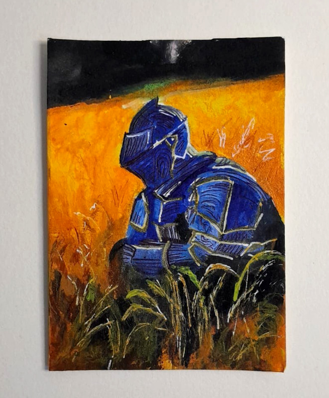 Original ACEO Painting OOAK Medieval Knight Golden Field Dark Fantasy Acrylic