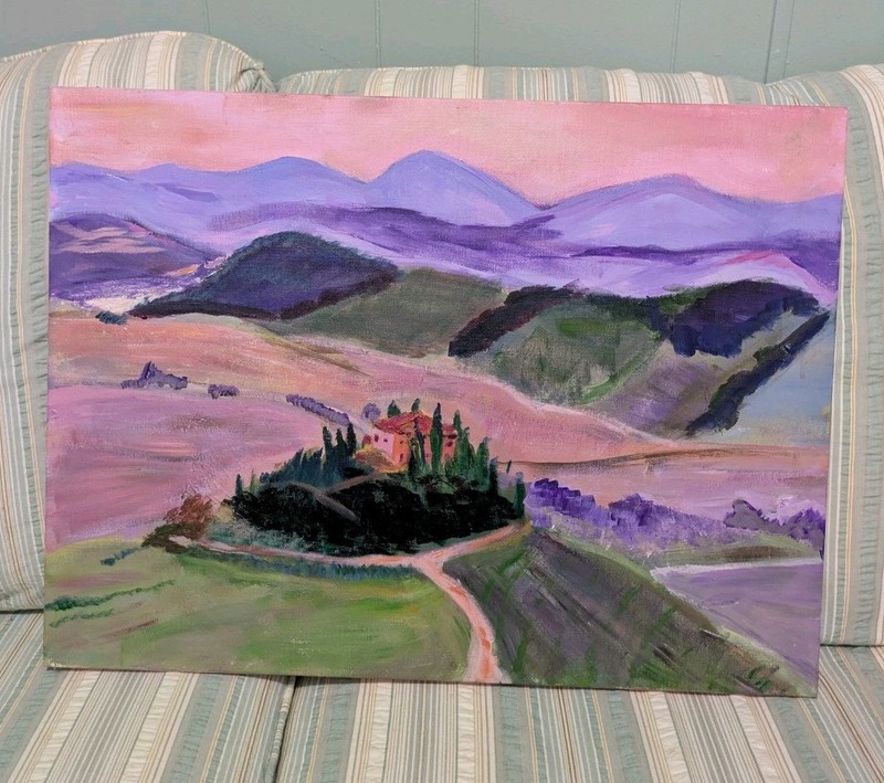 Original 18 X 24 Pink And Purple Tuscany Italian Landscape Painting On Canvas