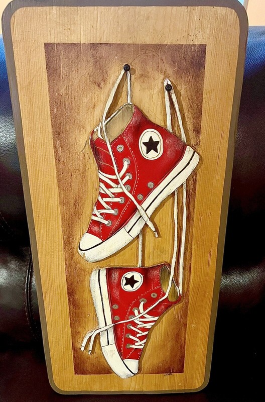 High Top Red Converse Style Sneakers 3D Wood Art Hand Carved Wall Art Painting