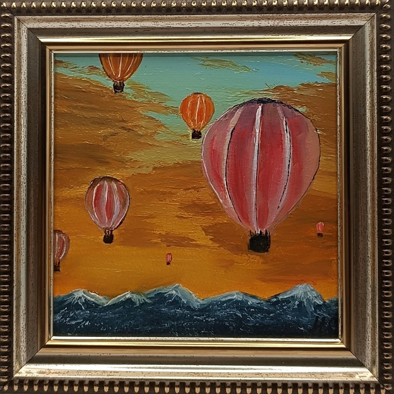 Original Sunset Mountains Painting Small Framed Colorful Air Balloons Artwork
