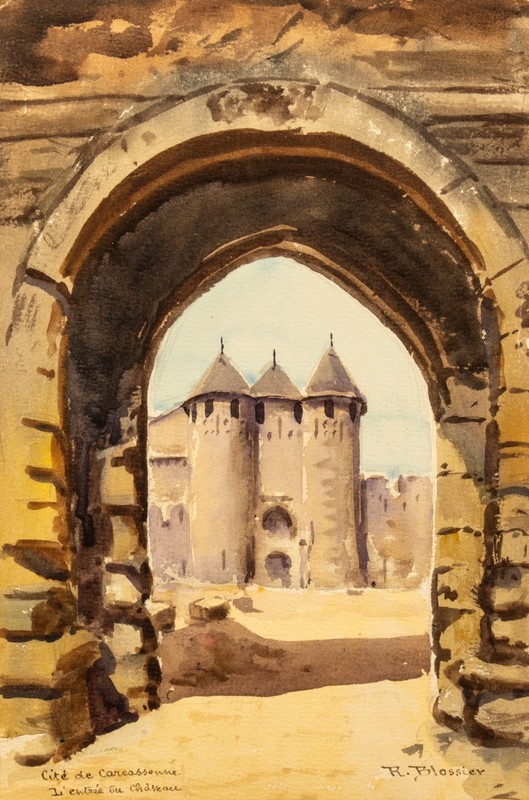 Raymond Blossier (1925-2013) Fortress of Carcassonne, Vintage Watercolor