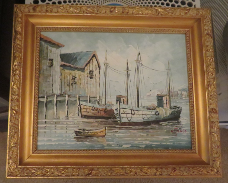 FRAMED NAUTICAL HARBOR SCENE WITH SHIPS DOCKED AT A PIER OIL ON PAINTING SIGNED