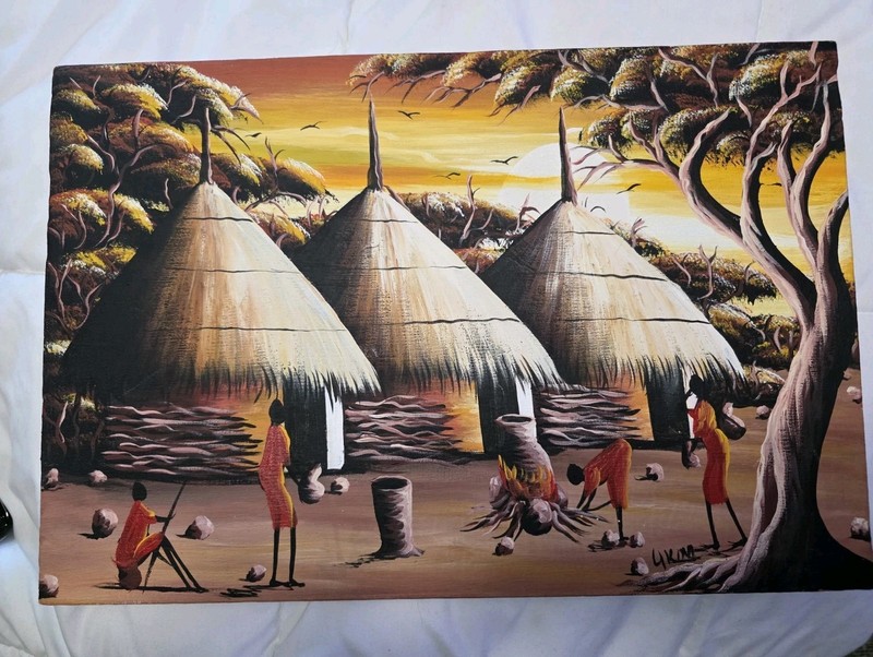 18×12 Signed Hand Painted African village Life at sunset Canvas Vibrant Stunning