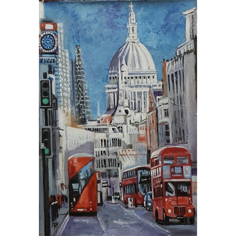 YARY DLUHOS London England Downtown City Street Buses Original Art Oil Painting