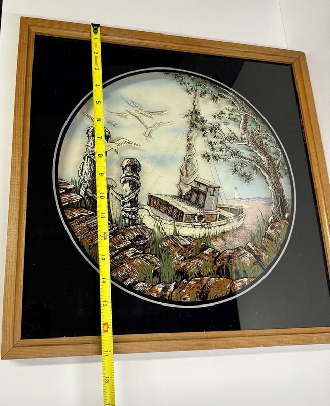 Vtg Framed Tom Cryer Style Reverse Painting SailBoat Seagull Beach 17 X 17” gallery
