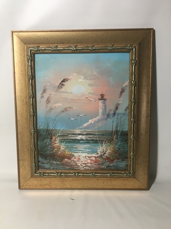 Lighthouse Water’s Edge Sunset/Sunrise Original Painting by B. Duggan Signed