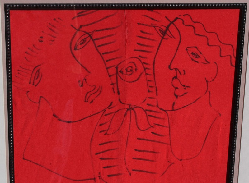 YURI YUROZ Two Figures with a Flower 1994 ORIGINAL DRAWING on Stitched Red Silk gallery