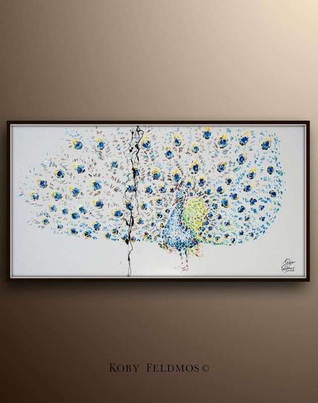 Super Luxury Peacock Painting 67" - unique animal painting by Koby Feldmos gallery