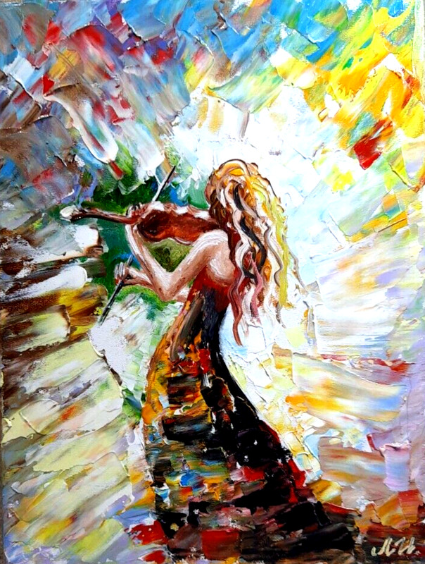 Oil painting. The girl plays the violin. Abstraction. Modern stylish mini art.