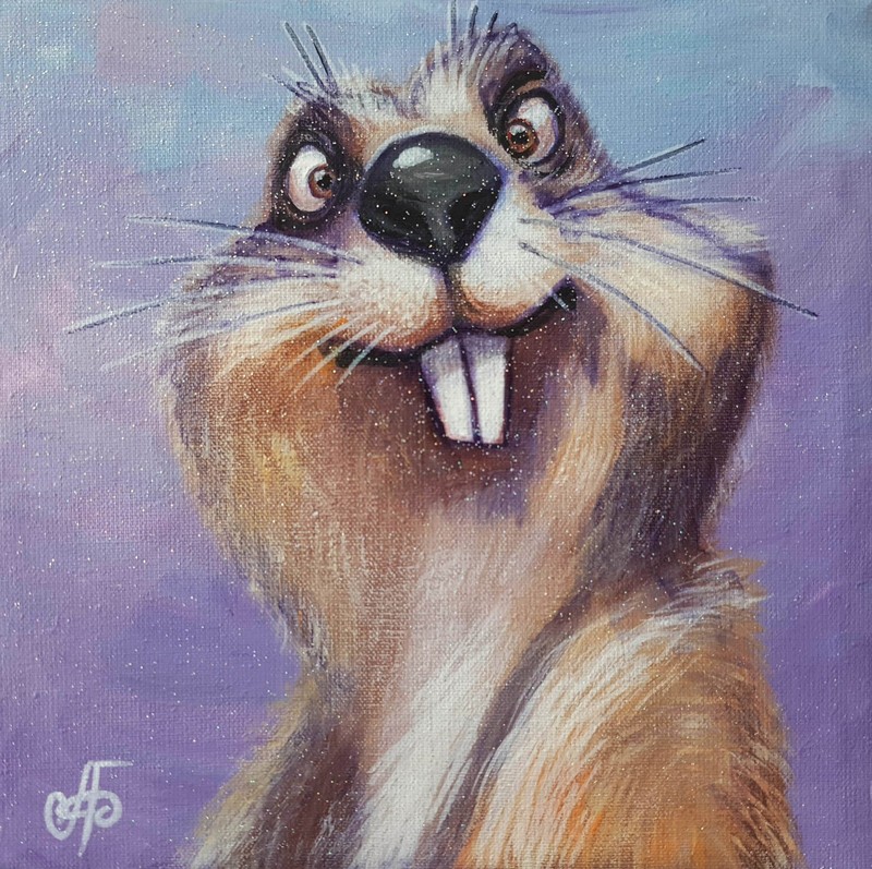 Original Acrylic Painting Funny Beaver Portrait Toothy Small Hand Painted Art