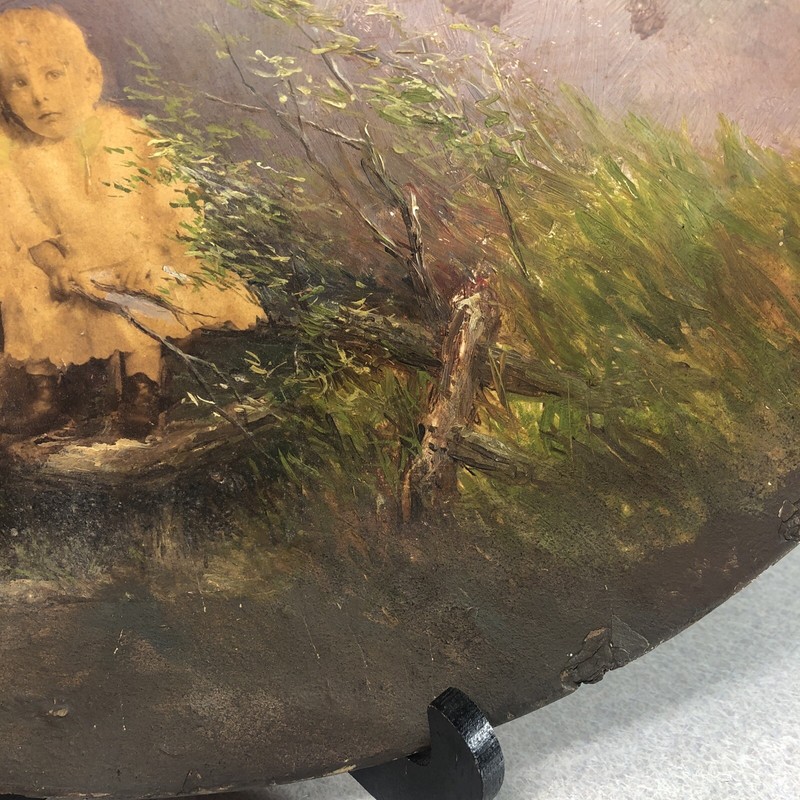 ANTIQUE 1888 HAND PAINTED PHOTOGRAPH On Wooden 14” Circle/Plate Unknown Artist gallery