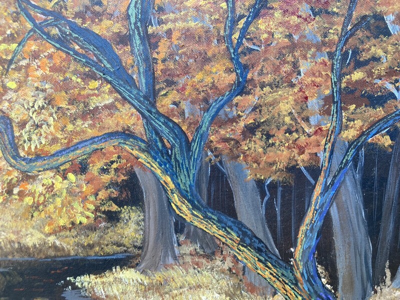Betty Sanders Acrylic Painting Misty Morning ORIGINAL Signed Art Autumn Forrest gallery