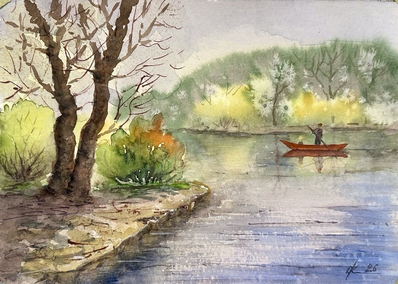 Original watercolor painting Sea scape sunset river a boat ride on the river