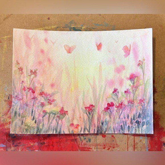 ORIGINAL Butterflies Landscape Watercolor Painting Floral Flowers Artwork USA gallery