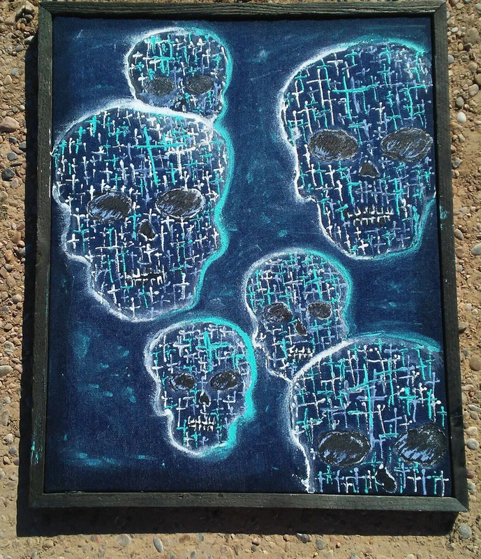 Skulls Crosses Painted on Framed Denim Blue Jean Picture Wall Hanging by DelMarq