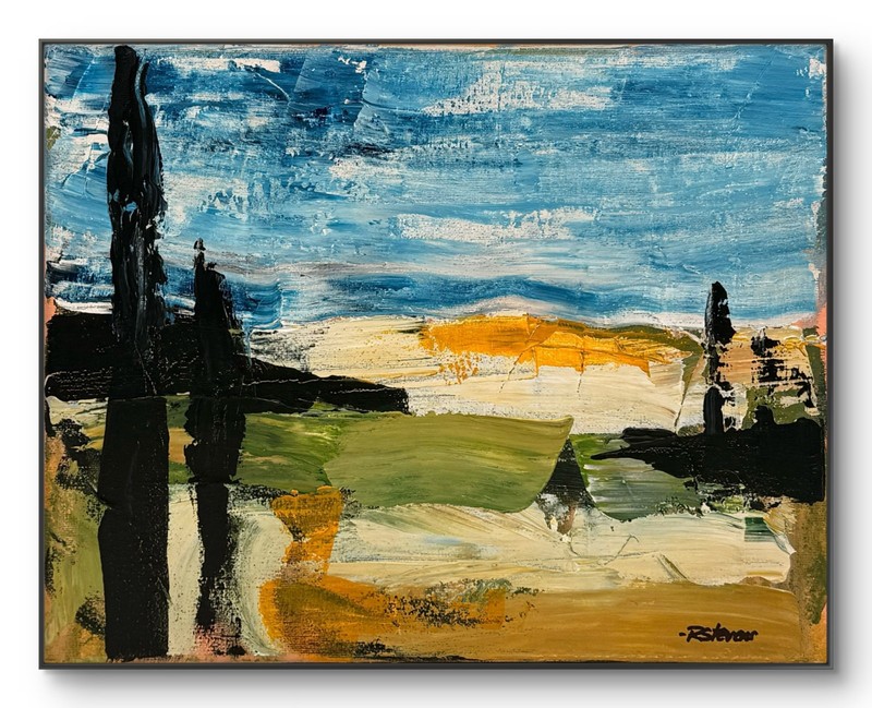 Abstract Landscape 11×14 Blue Sky Green Field Original Textured Canvas R Stevens
