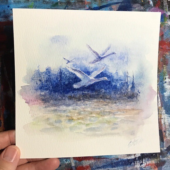 Original Flying Swans Painting Watercolor Art Bird Landscape Artwork Artettina