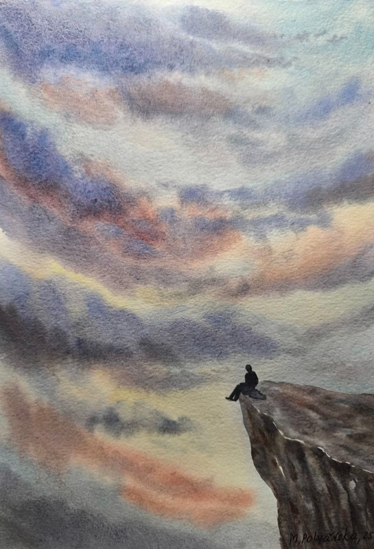 CALM MEDITATION Original Artwork Painting Landscape MOUNTAINS CLOUDY SKY Gift A4 gallery
